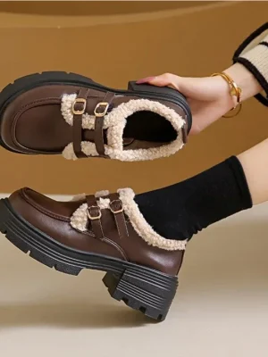 British Style Leather Shoes for Girls Winter 2024 Thick Soled Lamb Wool