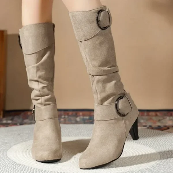 Womens Boots Side Zip Shoes Women Mid-calf Boots Pointed Tip Ladies High Heels - Image 2