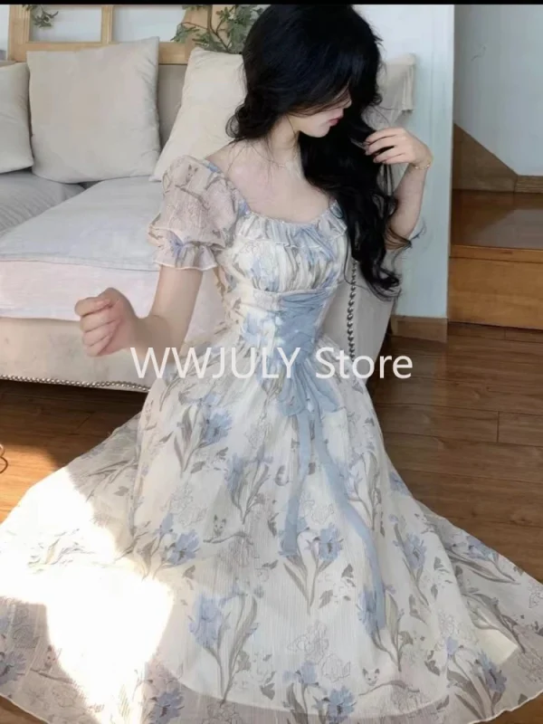 Elegant Vintage Floral Midi Dress Women Ruffles Design Casual Korean - Image 4