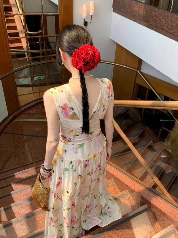 Woman Holiday Dress Elegant Floral Midi Dress Beach Style Sexy Sleeveless Dresses - Image 5