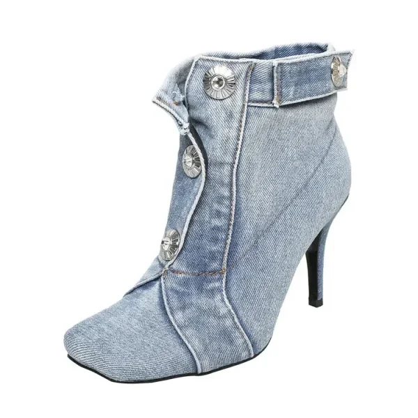 Women's Summer European and American Vintage Denim Slim High Heel Button Sandals - Image 5