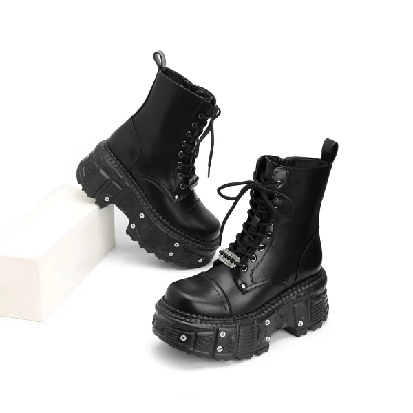 Women Platform Ankle Boots Female's Rock Round Toe Lace Up Fashion Retro Chunky Shoes - Image 2