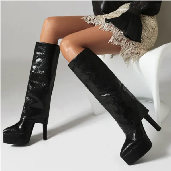 Women's Skirt Boots Shiny Thick Sole Platform Thin High Heel Knee Long Women's Boots - Image 5