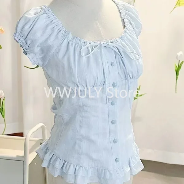 Sweet Square Collar Lace Up Blouses Ruffles Shirts Women - Image 6