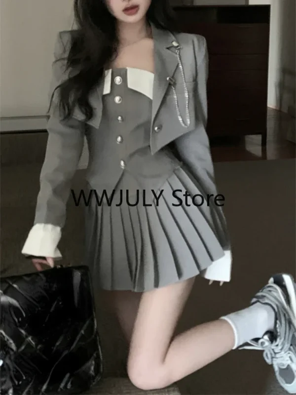 Preppy Style Pleated Casual A-line Skirt Women Irregular Patchwork Slim - Image 3