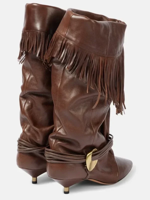 Heel Fringed Calf Boots with Pointed Pleats, Women's Knight Boots, Mid Leg Boots - Image 3