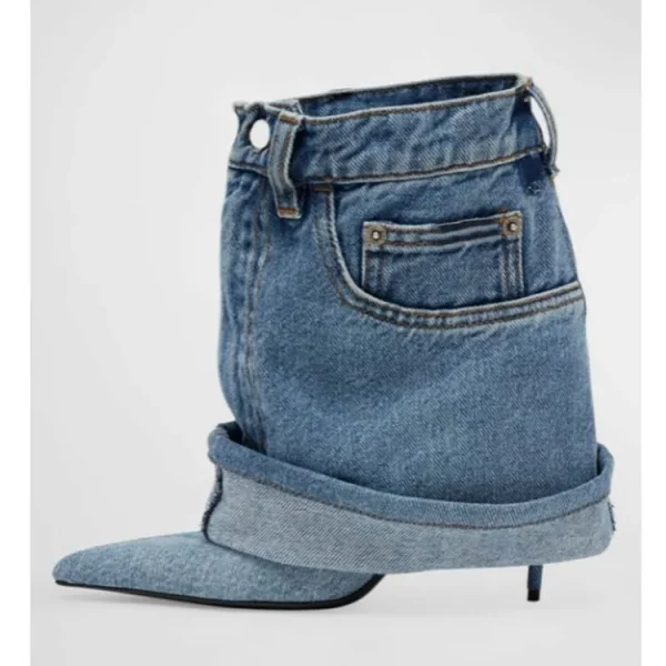 Winter Denim Fine High Heel Skirt Boots Fashion Pointed Large Women's Four Seasons Short Boots