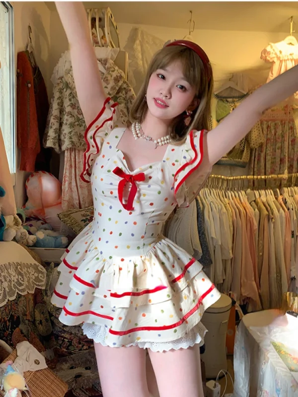 Summer Dress Woman Lolita Sweet Polka Dot Flying Sleeve Dress Bow Ruffles - Image 2