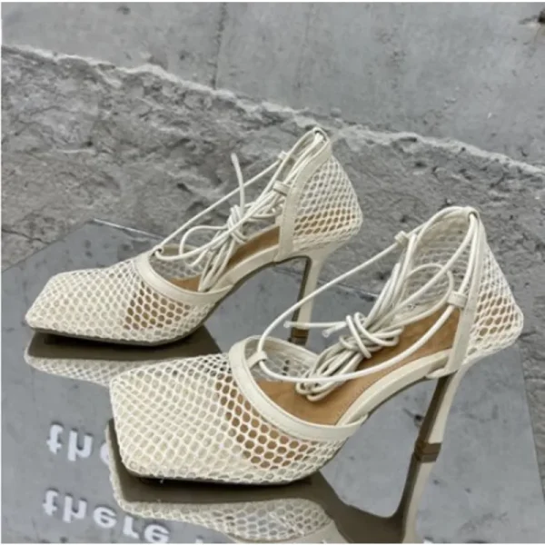 Mesh Breathable Square Head Lace-up Women's Shoes, Women Sexy Seductive Mesh High Heels, Sandals - Image 4