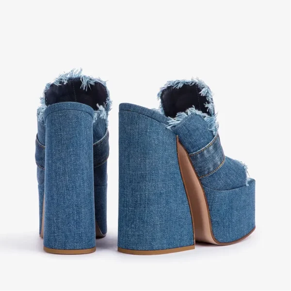 Denim Fabric Thick High Heel Sandals Summer Platform Large Women's Outdoor Fashion Slippers - Image 3