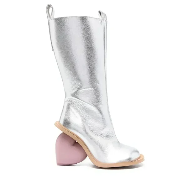 Winter Fashion Peach Heart Shaped High-heeled Boots with Round Toe and Side Zipper for Women's Calf Boots - Image 5