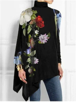 Rose Printed Long Sleeve Black Top Women’s Loose T-shirt Elegant