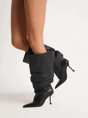 Winter High-heeled Knee Length Pleated Boots, Fashionable Pointed Sleeve