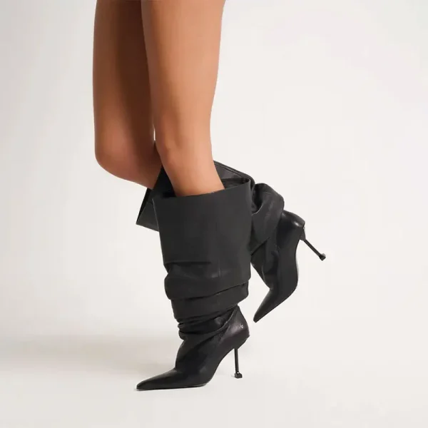 Winter High-heeled Knee Length Pleated Boots, Fashionable Pointed Sleeve