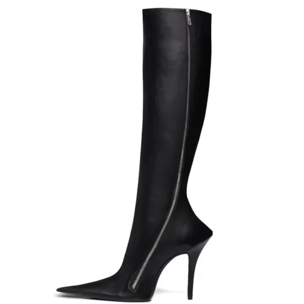 Winter Women's New Pointed Thin High Heel Side Zipper Short Boots, Black Leather Knee Long Boots for Women - Image 7