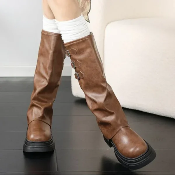 Women Shoes Brand Buckles Fashion Street Riding Boots Cool Knee High Motorcycles Boot - Image 4