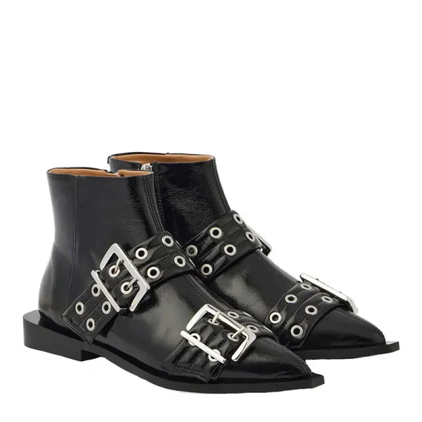 Autumn New Pointed Rivet Belt Buckle Thick Heel Women's Ankle Boots Fashionable