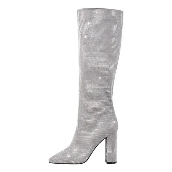 Women's New Rhinestone Shinning Knee High Women's Boots Thick High Heel - Image 3