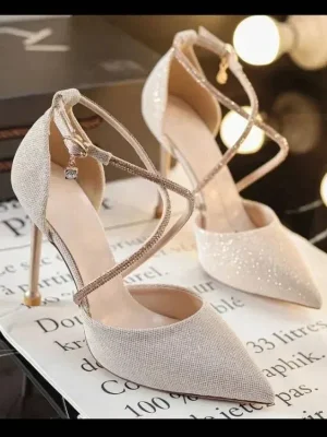 Women Luxury Glitter Sequins Pumps Women Pearls Strap Bling Wedding Party Shoes