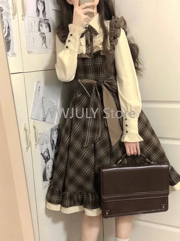 Autumn Winter Fake Two Piece Spliced Long Sleeve Plaid Dress - Image 2