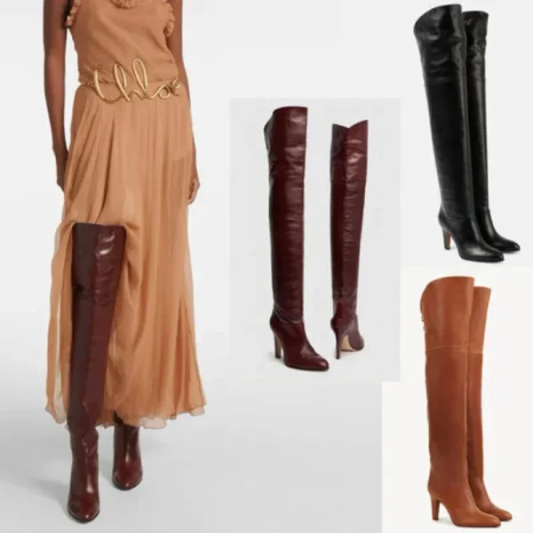 Women's Leather Thick High Heels Knee High Boots Autumn and Winter Round Toe Thigh Boots