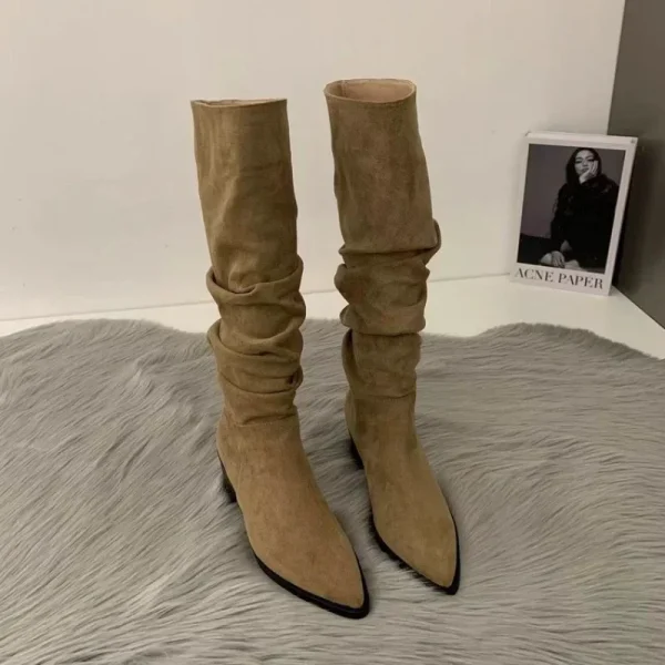 Women Knee High Boots Autumn Winter Female Shoes Fashion Female Slip-on Folds Low Heel Round Toe - Image 2