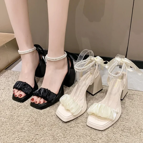 Pearl Sandals, Med Set Women's Beige All Paired with Chunky 2024 Girls in Transparent Black Gladiator Fashion Women's Shoes