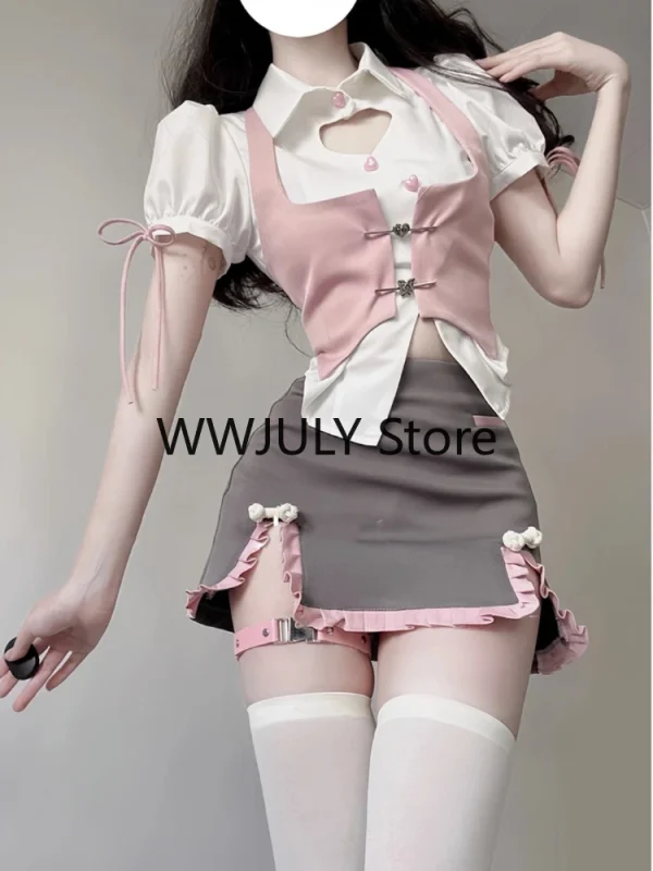 Solid Shirt Slim Pink Vest High Waist Mini Skirt Sweet Japanese Suit Girl Chic - Image 2