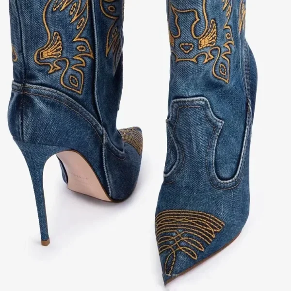 Women's New Embroidered Western Denim Knee Long Boots Fashion Pointed Thin High Heels - Image 9