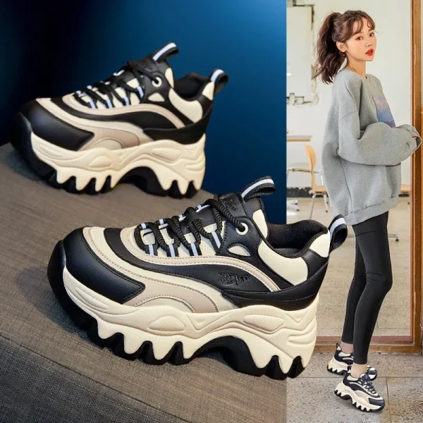 Fashion Height Increasing Thick Bottom Spring Platform Leather Woman Chunky Sneakers - Image 4