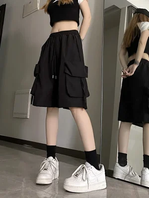 Women High Waist Cargo Shorts American Style Streetwear Summer Wide Leg Pants