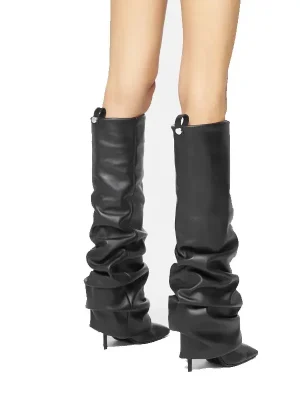 Women’s Knee Length Pleated Skirt Boots, Square Toe Slim High Heels, Autumn and Winter Oversized Boots