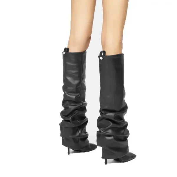 Women's Knee Length Pleated Skirt Boots, Square Toe Slim High Heels, Autumn and Winter Oversized Boots