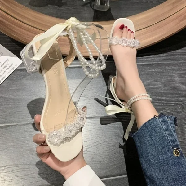 Crystal Chunky Sandals, Transparent Flower Fashion Sandals, Mature Fashion High-heeled Women's Sandals