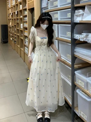 Chiffon Short Sleeve French Vintage Print Midi Dress Women 2025