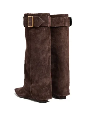 Women’s Slope Heel Small Square Head Middle Boots Belt Buckle Sleeve Large Skirt Boots Calf Boots