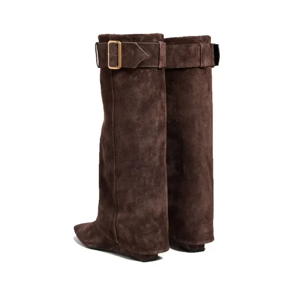 Women's Slope Heel Small Square Head Middle Boots Belt Buckle Sleeve Large Skirt Boots Calf Boots