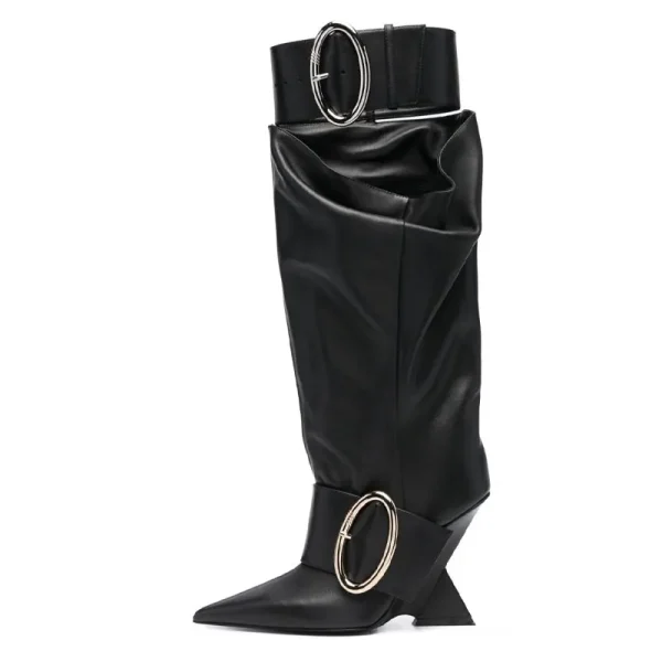 Women's Belt Buckle Knee Length Women's Boots Fashion Pointed Shaped High Heel - Image 10