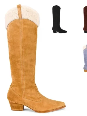 Winter Women’s Cowhide Knee High Boots, Thick High-heeled Mid Length Boots