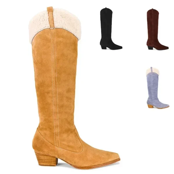 Winter Women's Cowhide Knee High Boots, Thick High-heeled Mid Length Boots