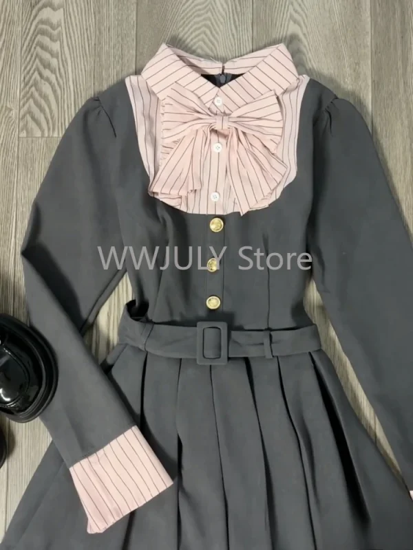 Vintage Blue Stripe Patchwork Elegant Long Sleeve Mini Dress Women - Image 5