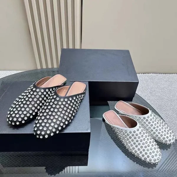 Fashionable Rhinestone Rivet Baotou Slippers Fashion Square Tail Muller Women's Shoes