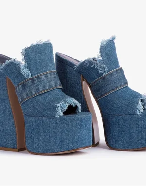 Denim Fabric Thick High Heel Sandals Summer Platform Large Women’s Outdoor Fashion Slippers