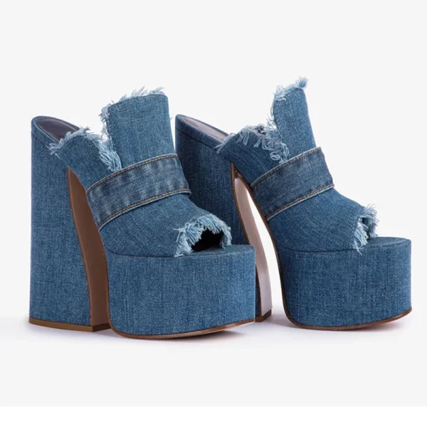 Denim Fabric Thick High Heel Sandals Summer Platform Large Women's Outdoor Fashion Slippers