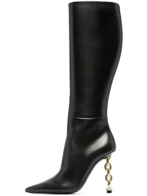 Women’s New Black Chain Heel Knee Length Women’s Boots Fashion Slim High Heel Pointed Side Zipper