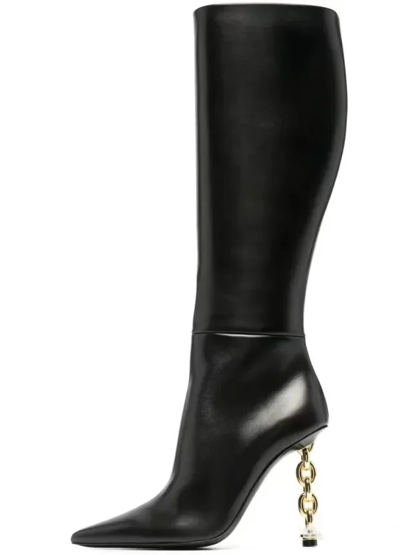 Women's New Black Chain Heel Knee Length Women's Boots Fashion Slim High Heel Pointed Side Zipper