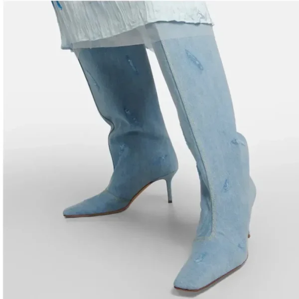 Denim Knee Length Boots From Europe and America, Slim High Heels, Fashionable Square Toe - Image 5