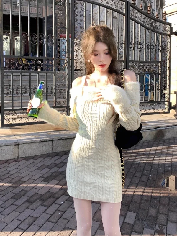 Knitted Dress Woman Chic Korean Fashion Short Party Dress - Image 2