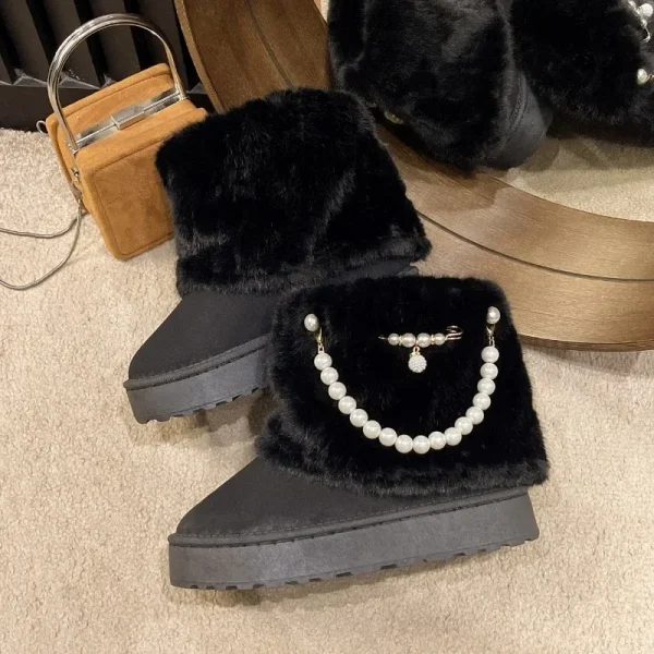 Winter Pearl Chain Decore Warm Snow Boots for Women Fluffy Plush - Image 6