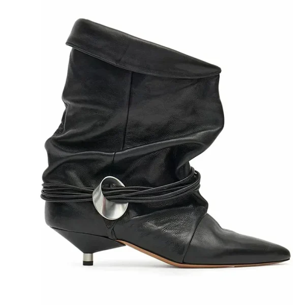 Women's Thin Heel Short Boots Fashion Pointed Wide Tube Folding Stacked Boots - Image 3